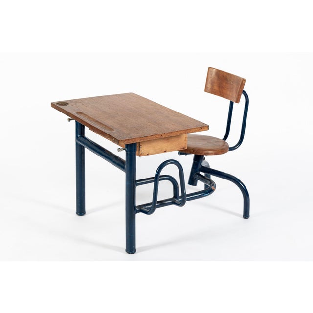 Vintage Antique Wood & Metal Child’s School Desk and Chair in the Style of Jean Prouvé For Sale - Image 14 of 14