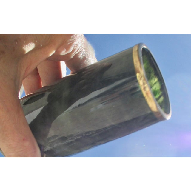 Dark Green Nephrite Vase With Brass Rim For Sale - Image 4 of 6