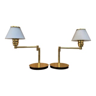Vintage Modern Brass Swing Arm Reading Table Lamp With Glass Shades - Pair For Sale