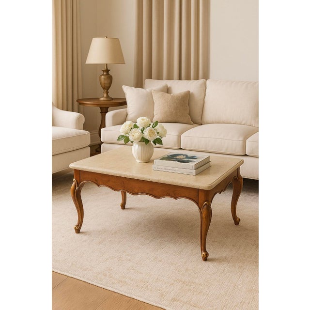 Wood Louis XV-Style Cherry Coffee Table With Fossil Limestone Top and Gilded Accents For Sale - Image 7 of 8