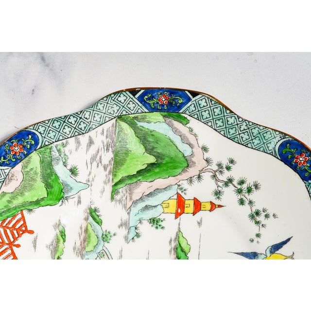 Ceramic English Hand Painted Square Antique Porcelain Cake Plate Ye Olde Willow Crown Staffordshire Asian Chinoiserie Tiffany & Co Home Decor For Sale - Image 7 of 16
