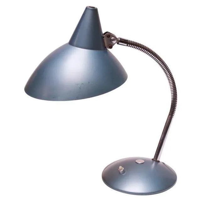 Midcentury German Gooseneck Table Lamp in Metallic Blue by Helo Leuchten For Sale - Image 13 of 13