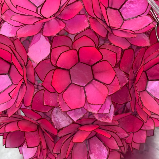 Hollywood Regency Worlds Away Pink Capiz Shell Chandelier – Venus Lotus Pendant, Coastal Glam Lighting For Sale - Image 3 of 9