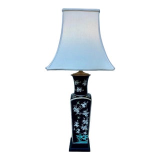 Antique Large Chinese Famille Noire Square Porcelain Vase Table Lamp 36" For Sale