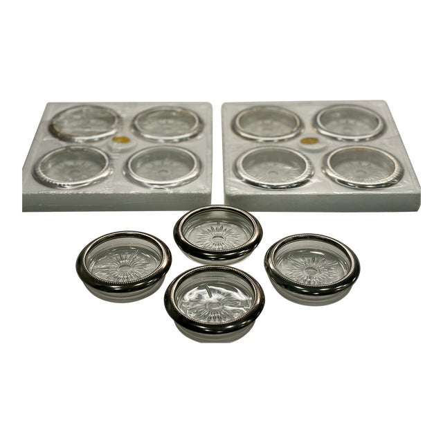 Vintage 1960s Leonard Silver Manufacturing Silver Plate & Crystal Coasters Made in Italy - Set of 12 For Sale