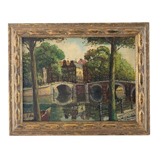 Vintage European Cityscape Painting on Canvas Framed For Sale