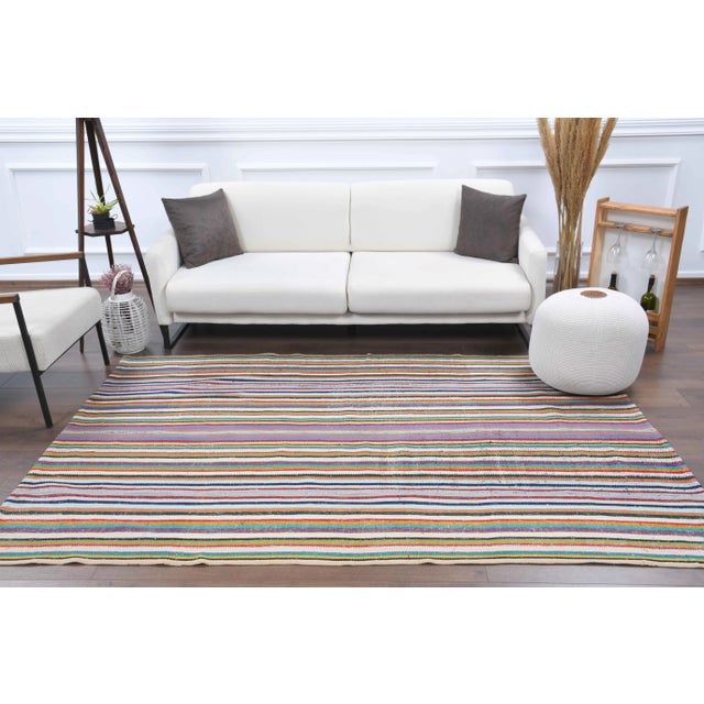 Boho Chic Vintage Turkish Oushak Handmade Wool Cotton Green Kilim Area Rug For Sale - Image 3 of 11