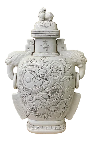 Chinese Ceramic Off White Color Dragon Elephant Ear Large Jar