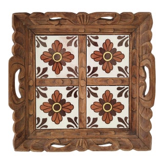 1970s Hand Carved Wooden Decorative Tray With Ceramic Tile Inlay For Sale