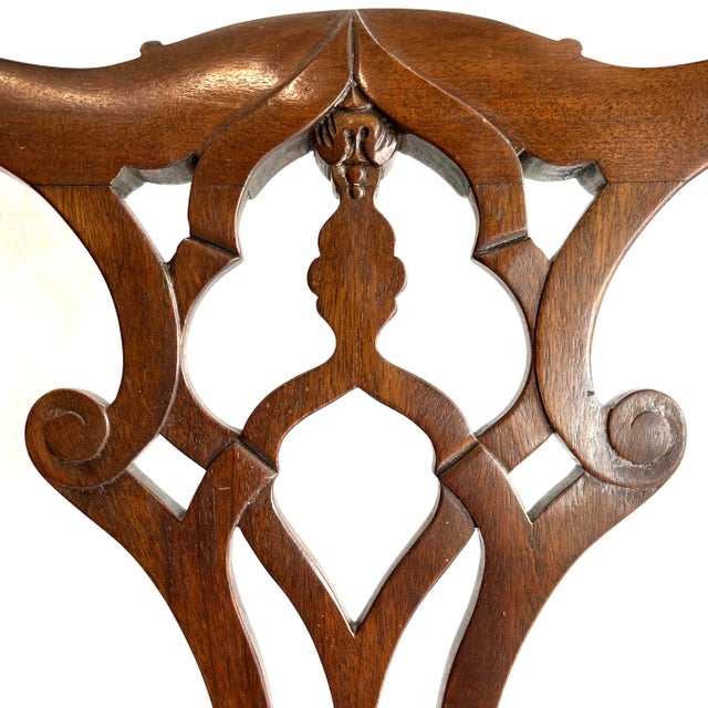 English 1930's Hand-Carved Solid Mahogany Chippendale Dining Chairs - Set of Eight For Sale - Image 3 of 14