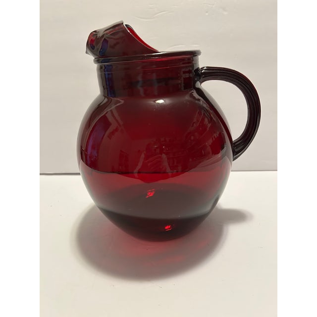 Anchor Hocking Roly Poly Royal Ruby Pitcher With 8 Flat Iced Tea Glasses For Sale - Image 6 of 12