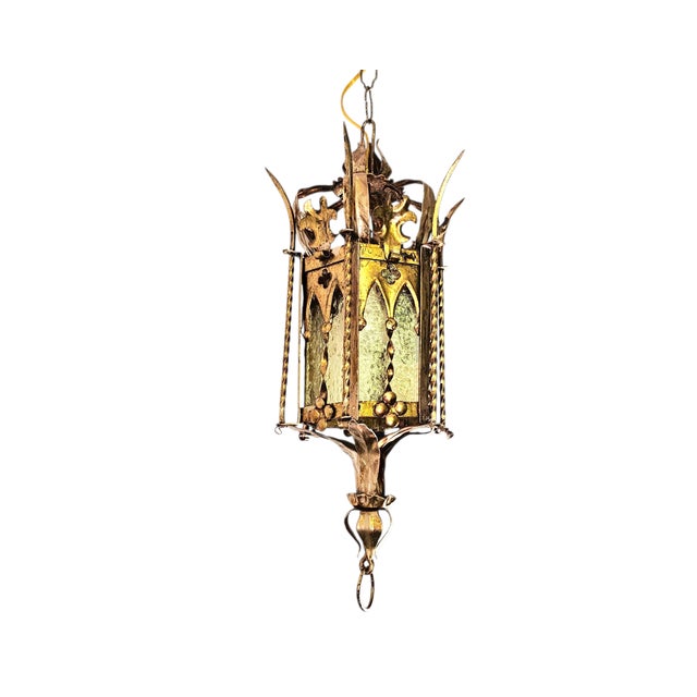 Gothic Spanish Revival Brass Lantern With Amber Glass Panels – Addison Mizner Gothic Mediterranean Pendant Light For Sale - Image 3 of 15