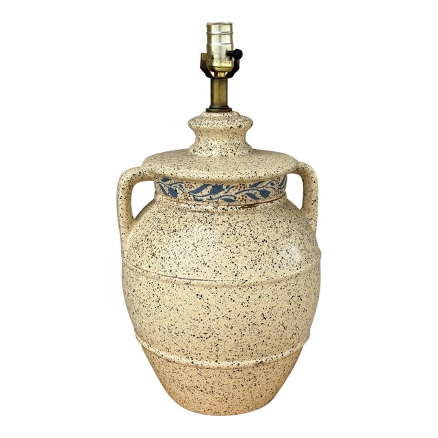 Vintage Speckled & Hand Painted Crock or Jug Shaped Table Lamp For Sale