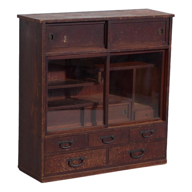 Antique Japanese Wood and Glass Display Cabinet For Sale