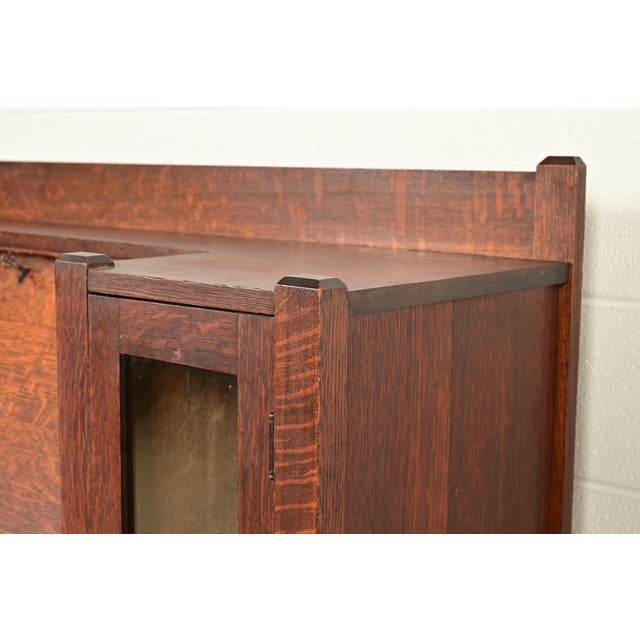 Stickley Brothers Style Antique Mission Oak Arts & Crafts Double Bookcase With Drop Front Secretary Desk, Circa 1910 For Sale - Image 10 of 15