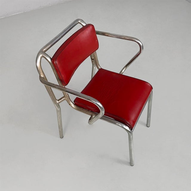 Italian Art Deco Metal and Red Faux Leather Chairs, 1930s, Set of 4 For Sale - Image 11 of 18