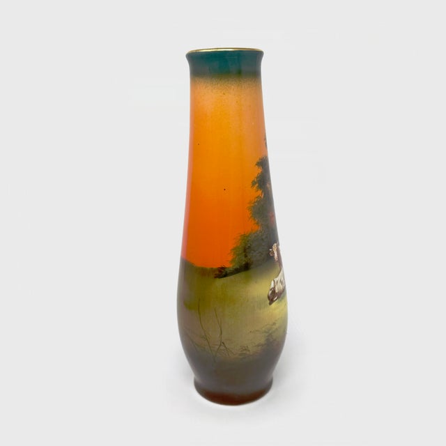 Ceramic Vintage Rh Austria Pottery Vase Signed Hall Scenic Cattle Sunset C. 1890-1914 For Sale - Image 7 of 9