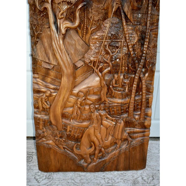 1970s Teak Hand Carved Plaque Large 3d Wood Relief Balinese Tropical Wall Art For Sale - Image 5 of 11