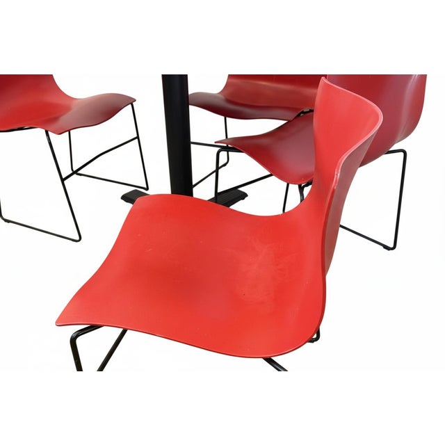 Rare Knoll Massimo Vignelli 1985 designed 5-piece dining set, including four vibrant red handkerchief stackable chairs and...