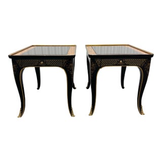Drexel Heritage Et Cetera Chinoiserie Black & Burl End Tables- A Pair For Sale