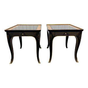 Drexel Heritage Et Cetera Chinoiserie Black & Burl End Tables- A Pair