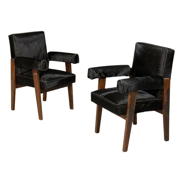 Pierre Jeanneret, Advocate Armchairs, Black Cowhide, Teak, Chandigarh, 1960s For Sale