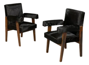 Pierre Jeanneret, Advocate Armchairs, Black Cowhide, Teak, Chandigarh, 1960s
