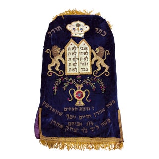 Rare Antique Hand Embroidered Judaica Jewish Memorial Torah Mantel Scroll Cover For Sale