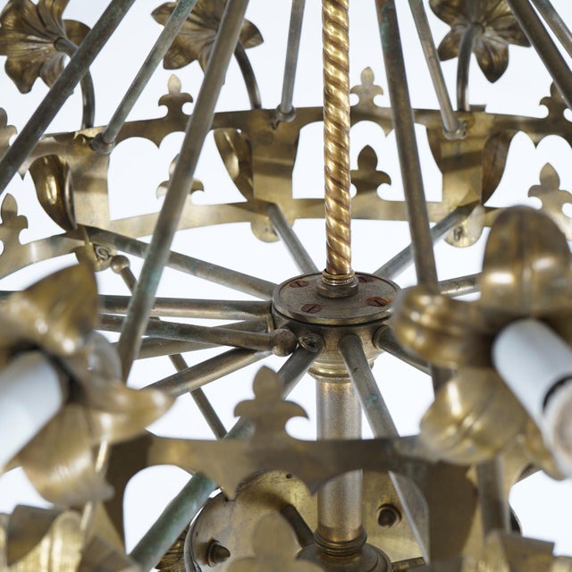 French Antique French Fleur-de-Lis Design Brass & Jeweled Twelve-Light Chandelier 1930 For Sale - Image 3 of 12