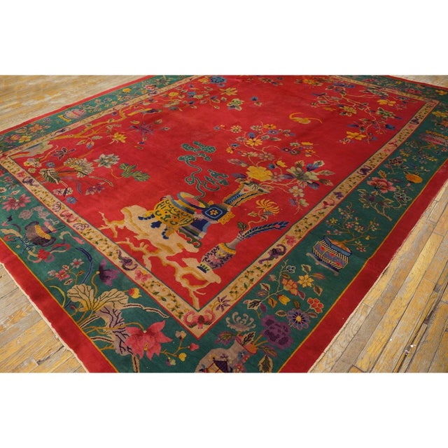 1920s 1920s Red Rust Floral Antique Chinese Art Deco Rug 9'x11' 8'' Woven Wool Carpet For Sale - Image 5 of 9