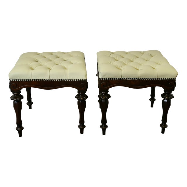 Set of Chesterfield Buttoned Leather and Walnut Stools For Sale