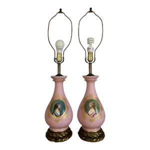 Pair of Vintage French Neoclassical Large Pink Frosted Glass Lamps With Portraits