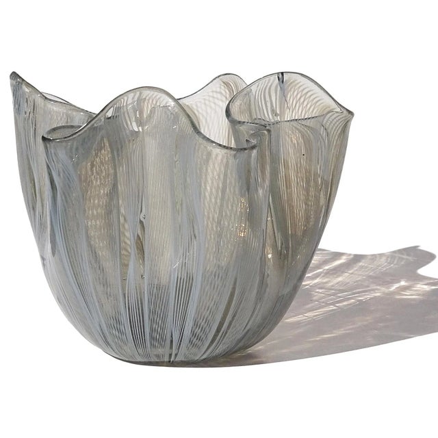 Abstract Venini Bianconi Murano Signed Taupe Gray Opal White Zanfirico Italian Art Glass Fazzoletto Vase For Sale - Image 3 of 6