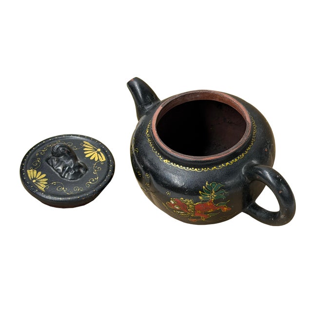 Oriental Zisha Clay Black Glaze Foo Dogs Lions Graphic Display Art Teapot For Sale - Image 9 of 10