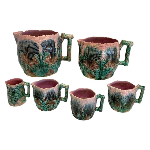 Late 19th Century Collection of Six Etruscan Majolica Shell and Seaweed Pitchers For Sale