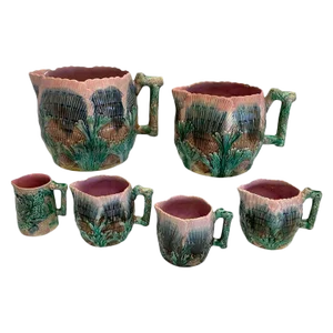Late 19th Century Collection of Six Etruscan Majolica Shell and Seaweed Pitchers