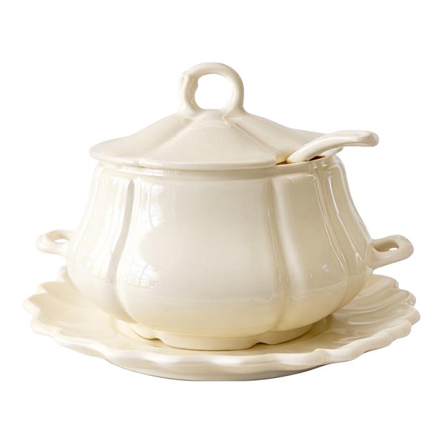 Vintage California Pottery Ivory Tureen Set With Ladle & Platter - Set of 3 For Sale