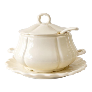 Vintage California Pottery Ivory Tureen Set With Ladle & Platter - Set of 3