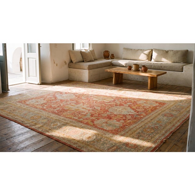 1880s Red Rust Large Scale Tribal Antique Turkish Oushak Rug 12'0" X 15'6" Handknotted Wool Carpet For Sale - Image 9 of 9