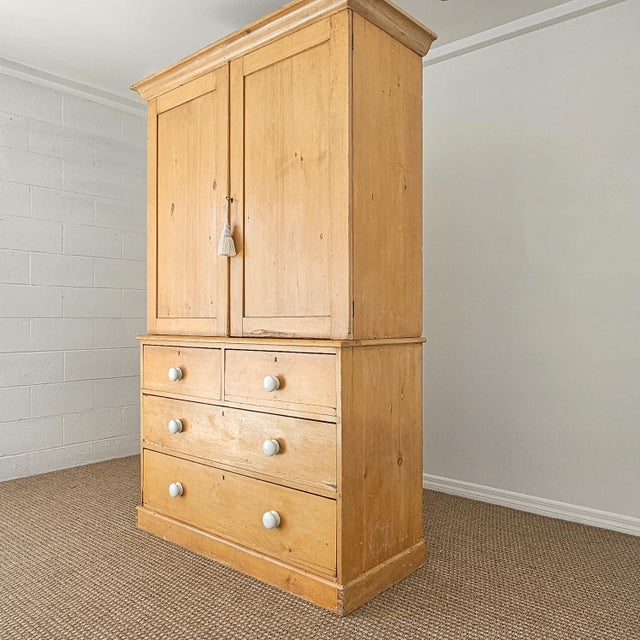 Wood Antique English Pine Linen Press / Wardrobe - Circa 1890 For Sale - Image 7 of 18