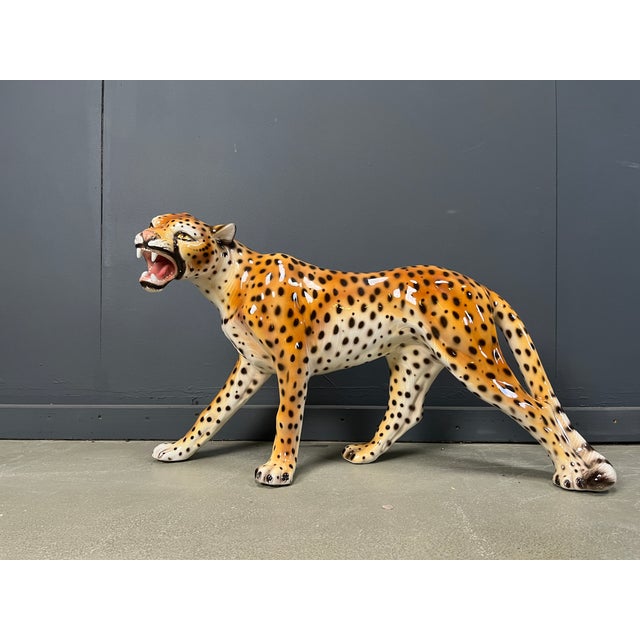 Hollywood Regency Large Italian Ceramic Leopard Statue, 1960s For Sale - Image 3 of 12