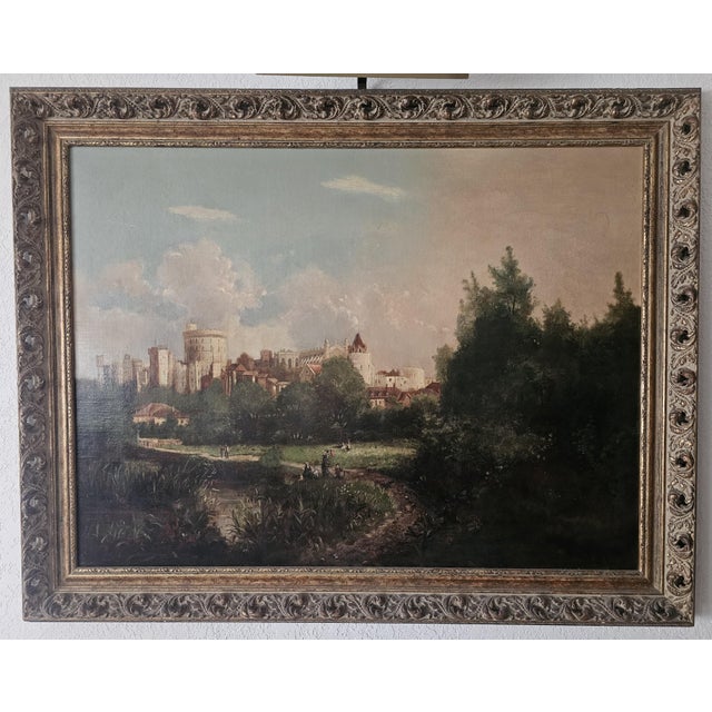 English Large Windsor Castle Thames Landscape Oil Painting in Ornate Pierced Frame With Picture Light For Sale - Image 3 of 17