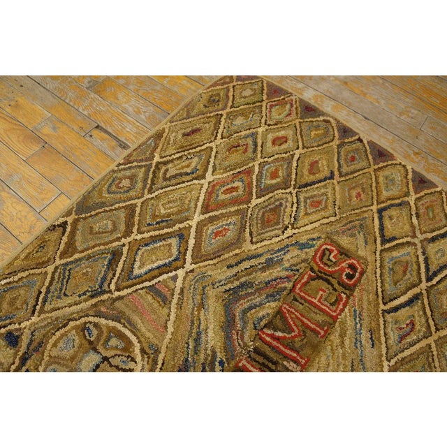 19th Century 1870s Brown Geometric Folk Art Antique American Hooked Rug 3'1" X 6'1" Inscription Wool Carpet For Sale - Image 5 of 11