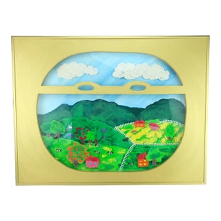 Three Dimensional Folk Art Mixed Media Painting French Countryside Scene For Sale
