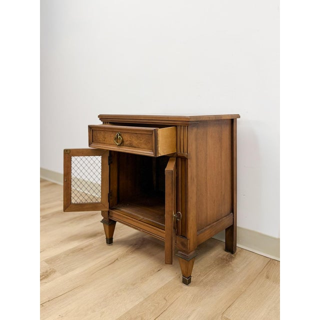 MCM Transitional Nightstand With Iron Grate Doors Single Drawer Vintage Ornate For Sale - Image 9 of 10