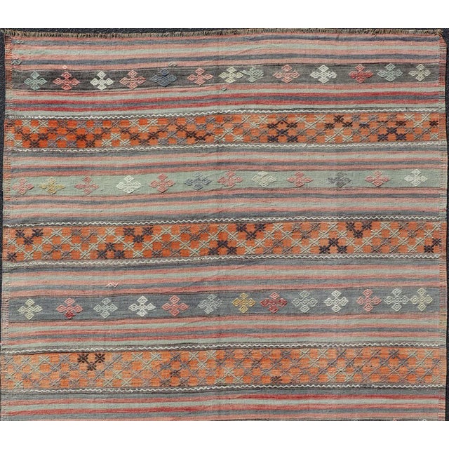 Textile Mid 20th Century Turkish Kilim Vintage Rug With Assorted Stripe Design in a Variety of Colors For Sale - Image 7 of 13