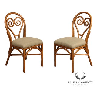 Coastal Style Pair Of Rattan Dining Chairs With Upholstered Seats For Sale
