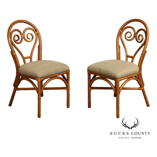 Coastal Style Pair Of Rattan Dining Chairs With Upholstered Seats For Sale