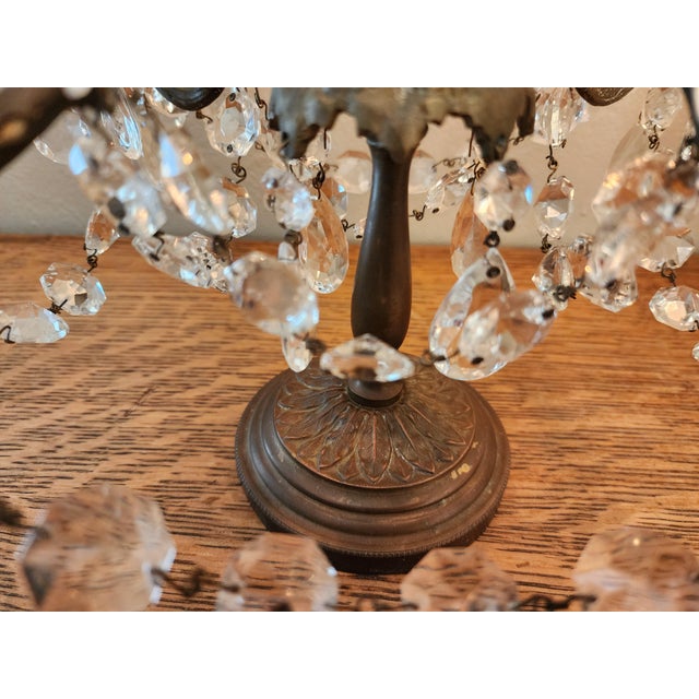 Exquisite Pair of Vintage Crystal Girandole Candelabra 5 Light Mantel Garnitures For Sale - Image 17 of 18