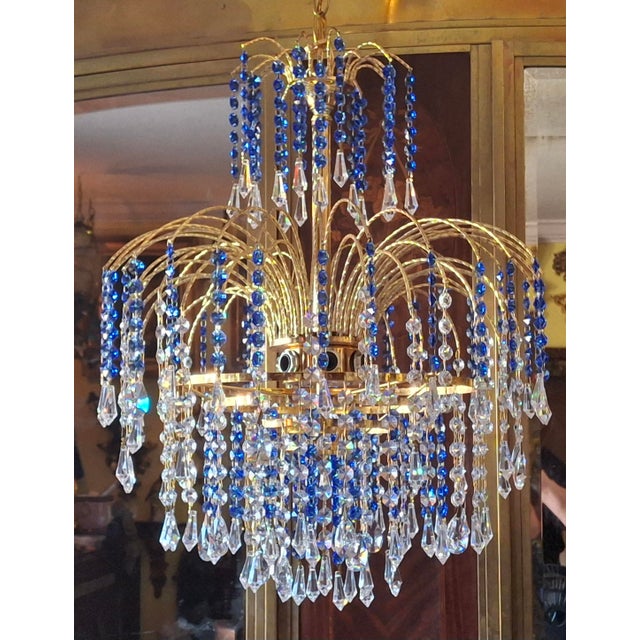 Palwa 1960's Hollywood Regency Sapphire Blue & Clear Cut Austrian Crystal Gold Waterfall Tiered Chandelier Attrib. Palwa For Sale - Image 4 of 18